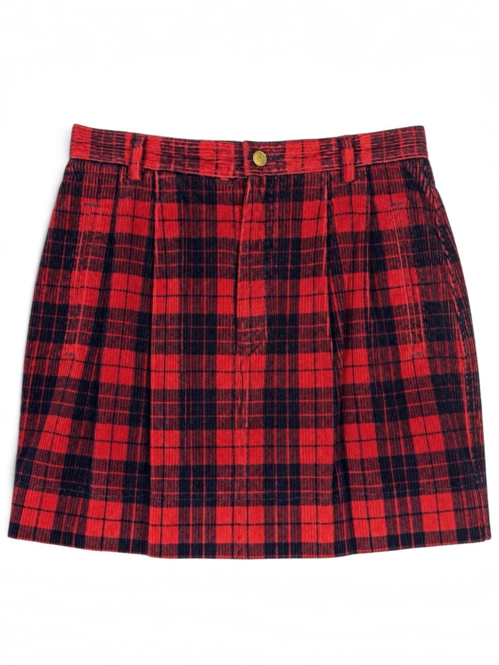 Vintage 90s LizSport Red Black Plaid Corduroy Pleated Mini Skirt 10P